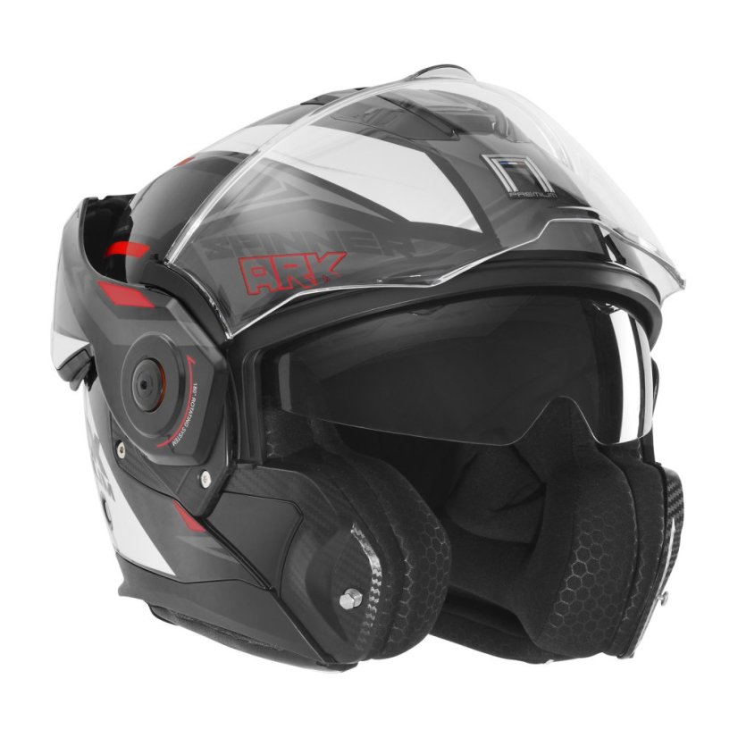 Překlopná přilba na motorku NOX PREMIUM SPINNER ARK (lesklá černá/červená/bílá)
